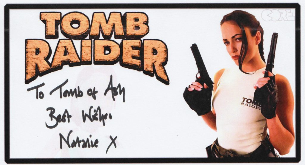 Memorabilia signed by Natalie Cook - the Original Tomb Raider model.
